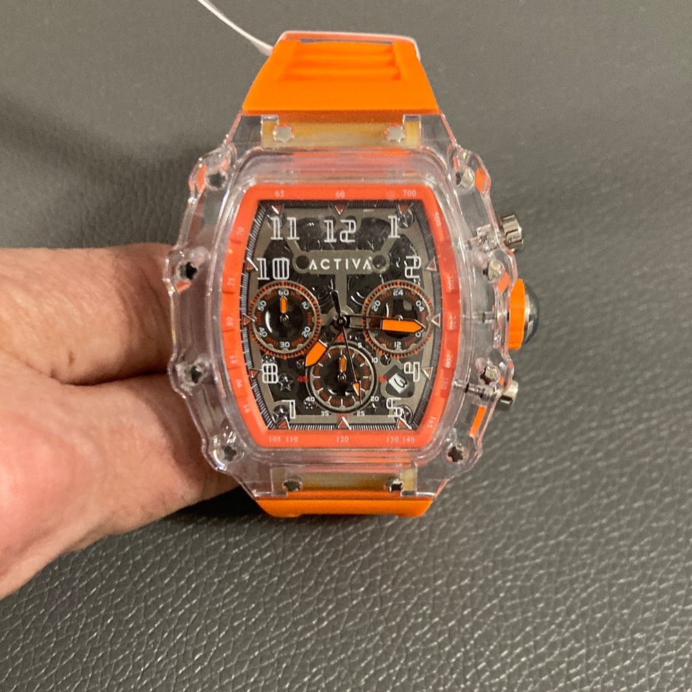 Activa Watch w/ Skeleton Dial 44.3mm, Orange strap/clear face (ACW2305-003) - Picture 7 of 7
